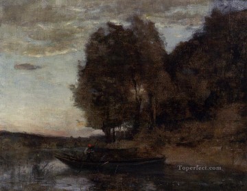 ジャン・バティスト・カミーユ・コロー Painting - 木々に覆われた外光に沿ってボートに乗る漁師 ロマン主義 ジャン・バティスト・カミーユ・コロー